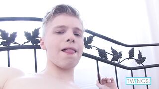 Watch skinny blonde teen Twink James T cum hard while rubbing his big hard cock and getting a mouthful of cum
