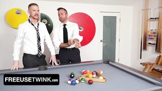 Hot threesome action with a skinny twink always ready to satisfy two huge cocks