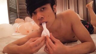 Jon Arteen explodes a balloon with his sweet Valentine's present