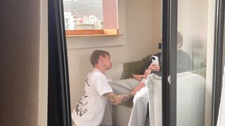 Two studs share a juicy sweet twink's tight ass & take a load on her big tits