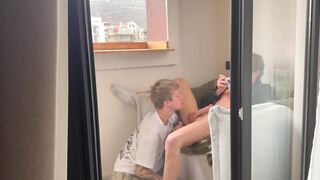 Two studs share a juicy sweet twink's tight ass & take a load on her big tits