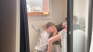 Two studs share a juicy sweet twink's tight ass & take a load on her big tits