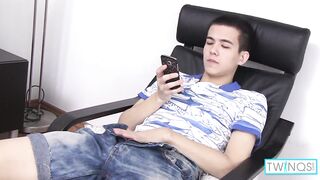 Brunette Twink Xander H strokes & milks his hard cock with a dildo - 7 image