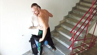 Two chubby amateurs take turns on stairs, cumming hard & taking it up the ass