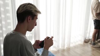 Two rough dicks take turns pounding a cute twink's tight ass and face with spit in the face - 4 image