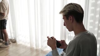 Two studs pound their cute twink pal's tight ass with their monster cocks