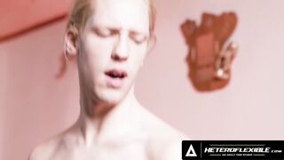 Watch this kinky blonde twink jerk off & suck a hot muscular stud before spreading her ass for a wild ride!