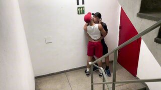 Hot homemade video of a young Brazilian guy taking on a massive dong on the stairs