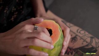 Watch this Asian twink get her tight pussy drilled by a juicy Papaya and take a cumload