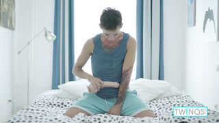 Inked Twink Cutie Noah A enjoys playing with her butt toy & gives a handjob