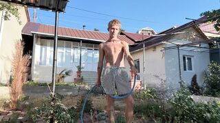 Cute Twink Gardener gets caught by Homeowner and used for a bisexual orgy