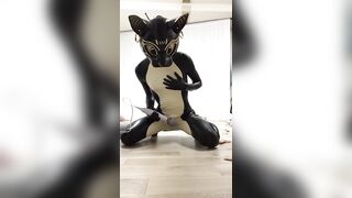 Rubber bastet cum in his latex catsuit with magic wand - 12 image