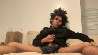 Kinky hair Hispanic teen touches himself and masturbates - 1 image