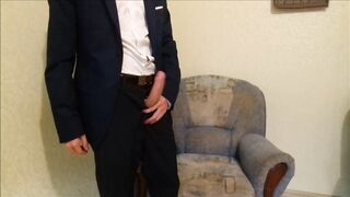 After working in the office, the guy jerks off his cock and ends up in an office suit - 4 image