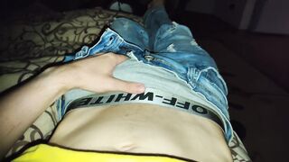 Guy in jeans and with a big dick masturbates - 4 image