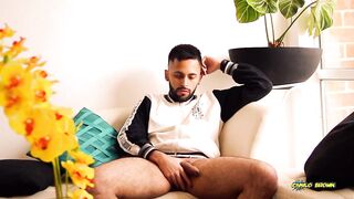 Horny Latino Jerking His Big Uncut Cock Really Hot Until He Cums Handsfree Close To The Cam - Camilo Brown - 3 image